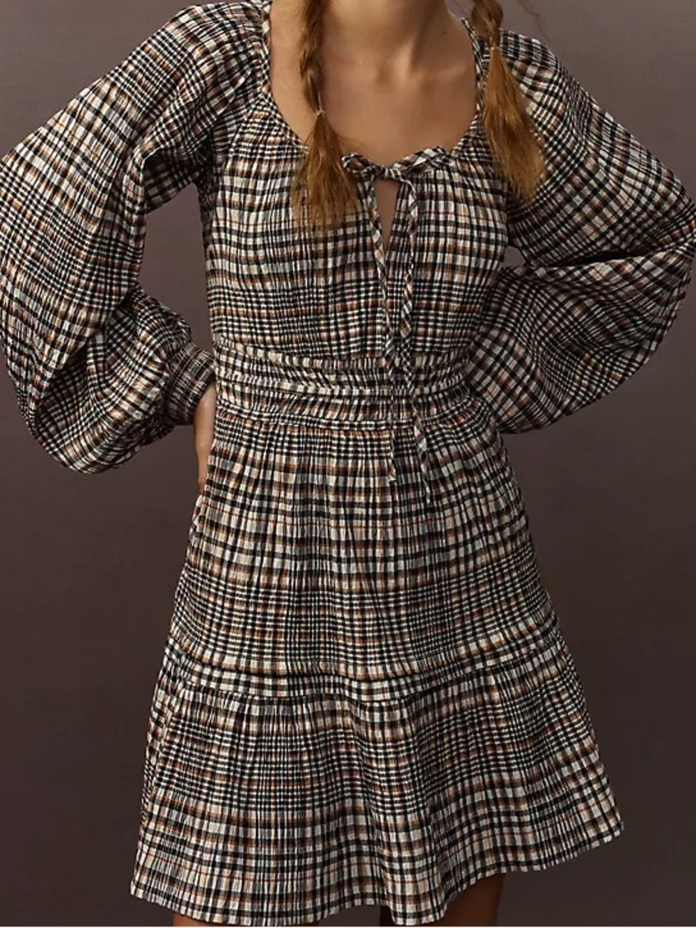 Anthropologie Mini Dress Somerset Puff Long Sleeve Black Plaid size Medium